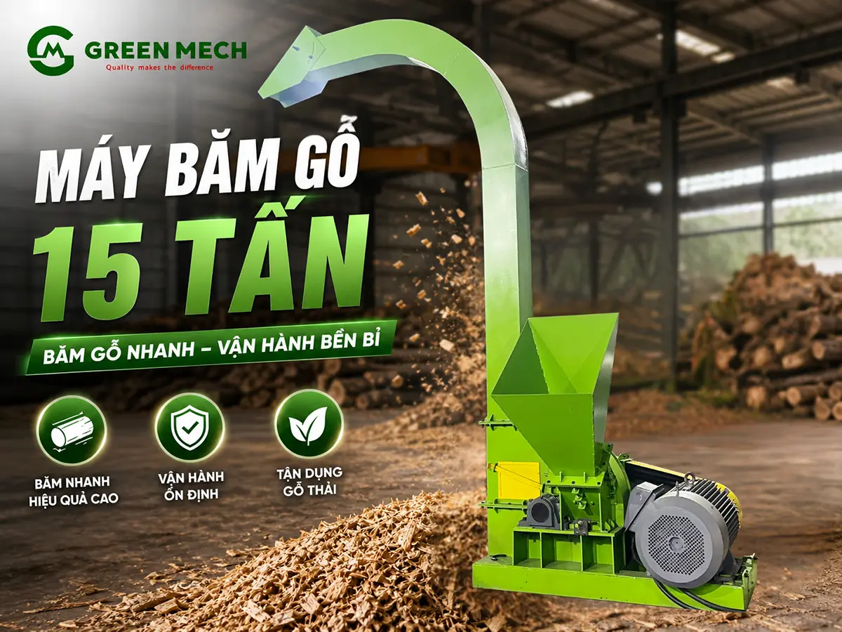 Máy băm gỗ 15 tấn – công suất mạnh mẽ, xử lý nguyên liệu nhanh chóng cho dây chuyền sản xuất quy mô lớn.