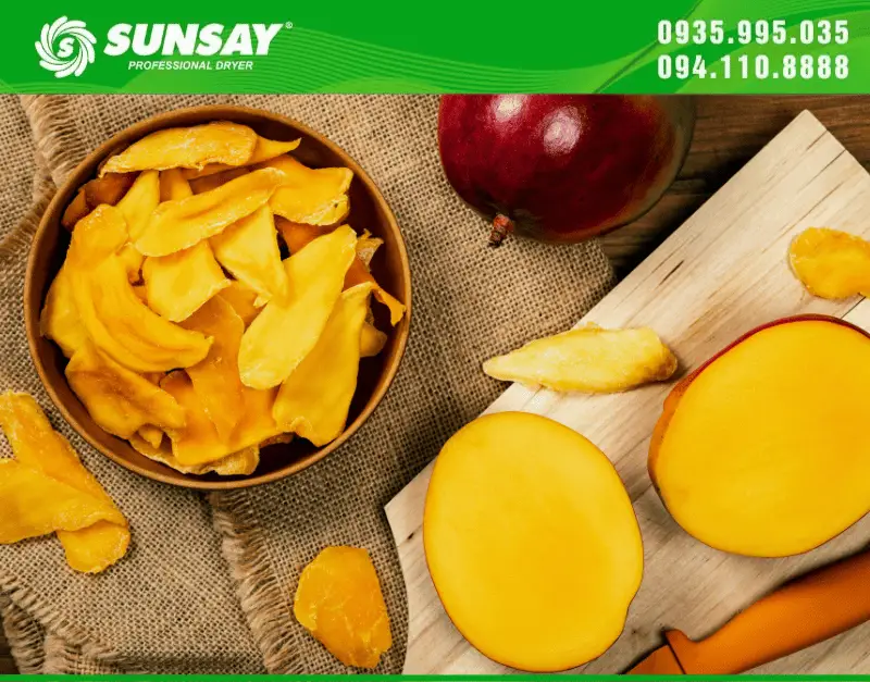 Xoài Úc sấy dẻo với máy sấy lạnh SUNSAY vẫn giữ được màu đẹp, vàng óng