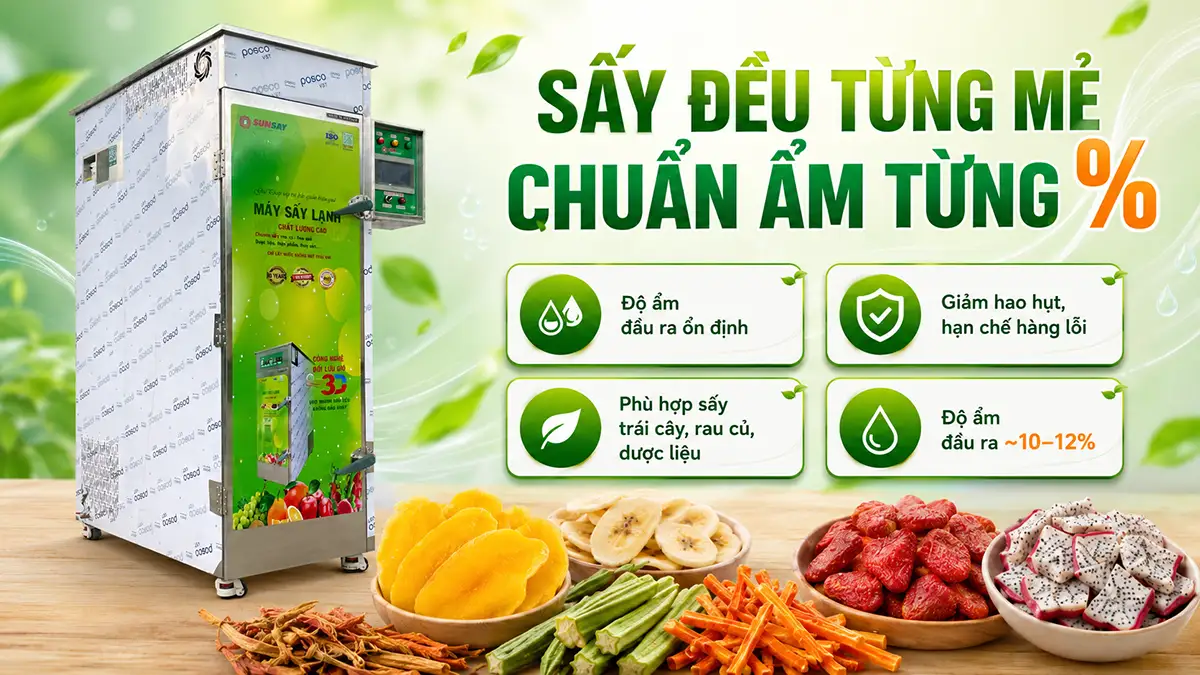 Nông sản xuống cấp do sấy không đều? Hãy đầu tư ngay máy sấy lạnh kiểm soát độ ẩm chặt chẽ