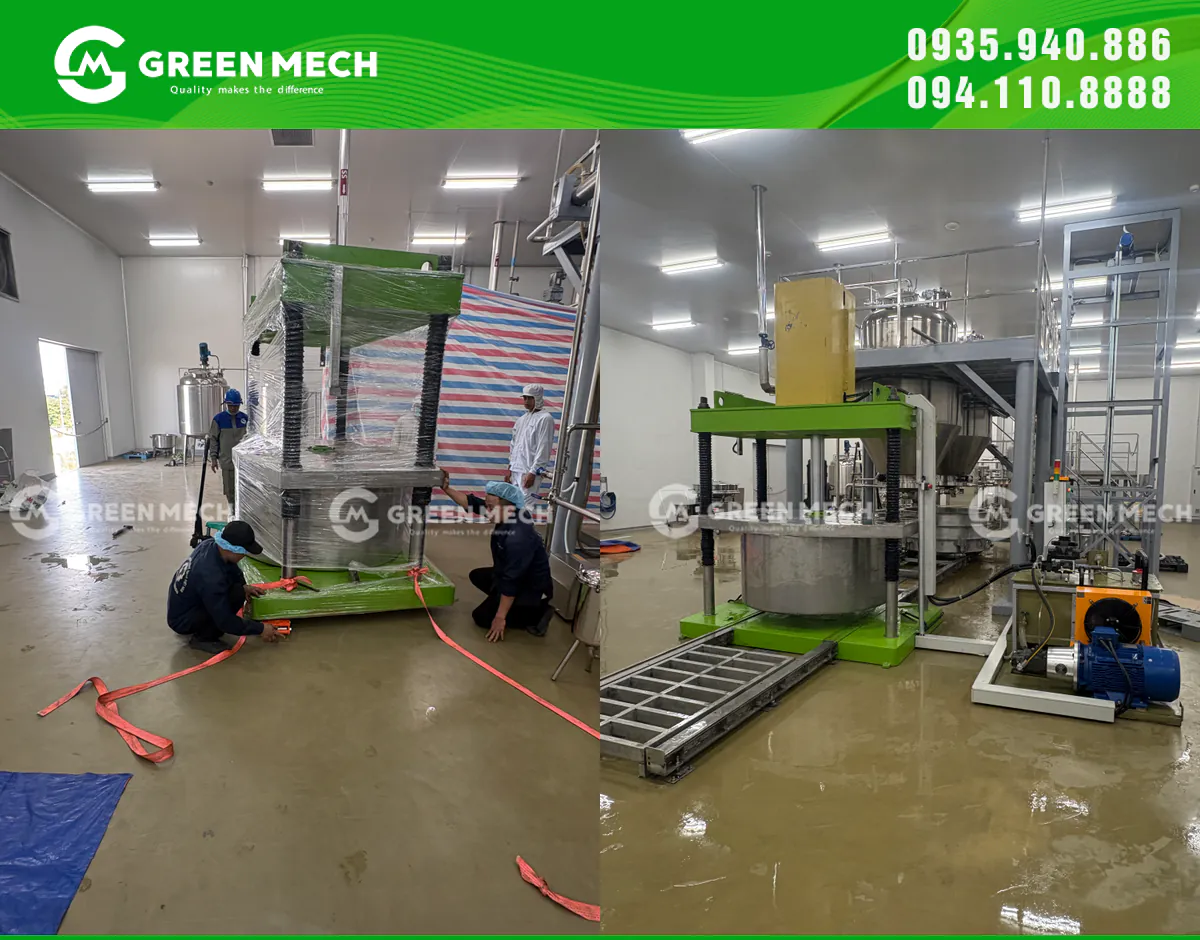 Máy ép thủy lực GREEN MECH 20 tấn xử lý bã trà sau chiết xuất tại Semba Tohka