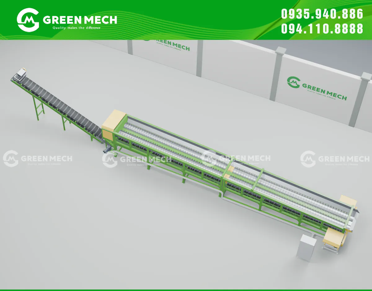 Phối cảnh 3D minh họa máy bóc vỏ cây hai trục GREEN MECH – góc cao bên phải.