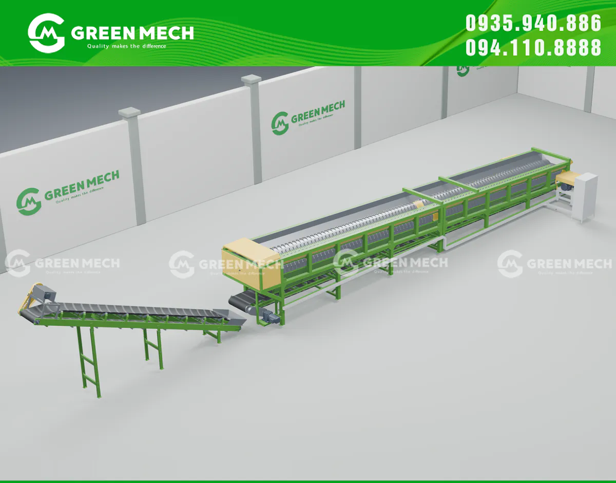 Phối cảnh 3D minh họa máy bóc vỏ cây hai trục GREEN MECH – góc bên trái.